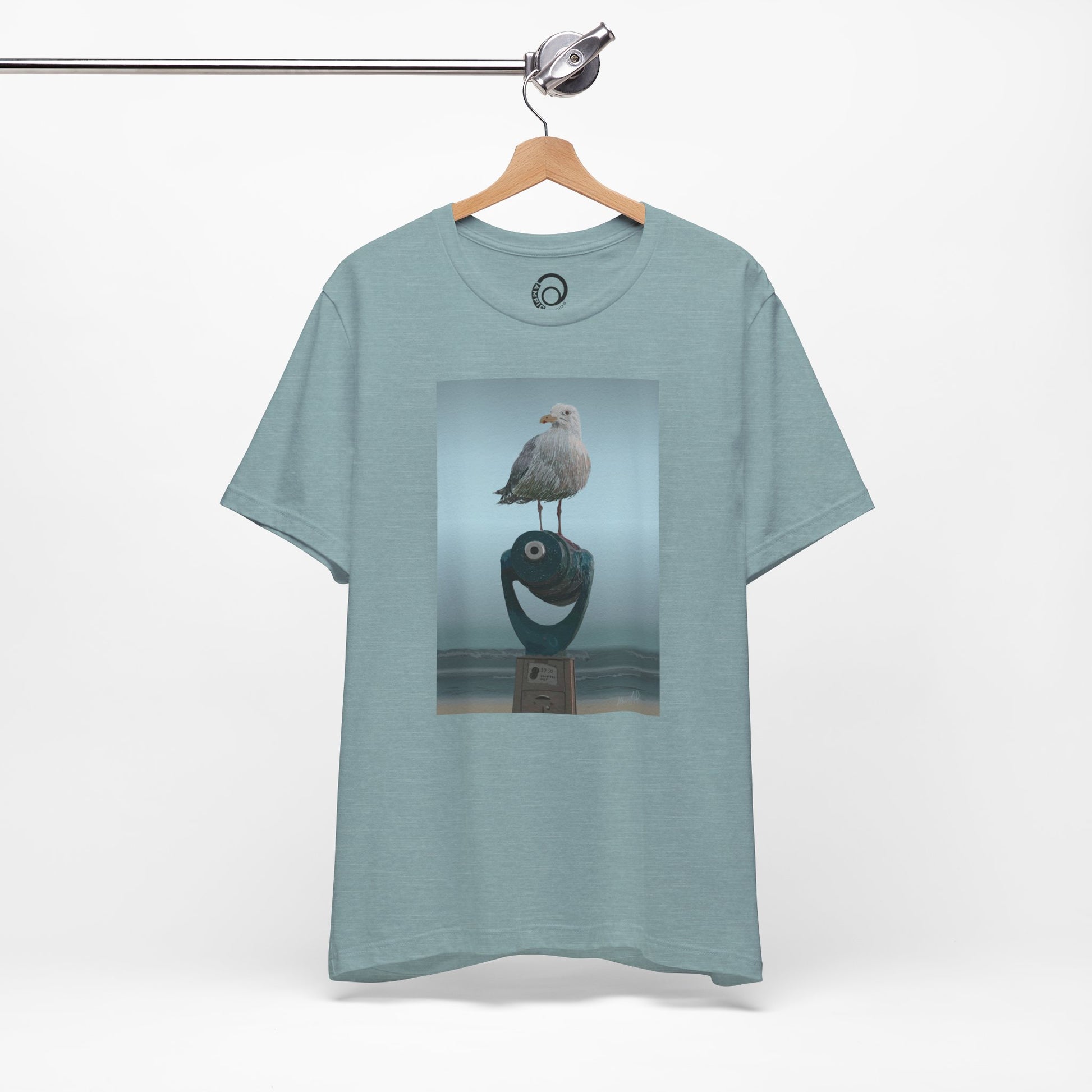 Heather Blue Lagoon Tee, on a wooden hanger