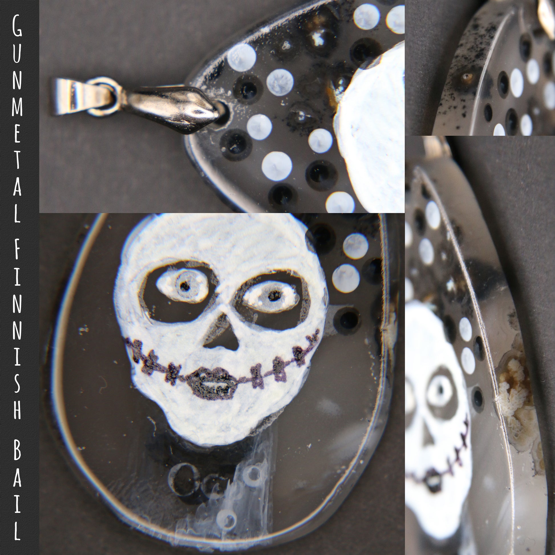 A close up of a woman with skull make-up and an otherworldly quality is hand-painted on a tear-drop shaped, translucent gray agate slice. Everything is painted in black, white, and gray.