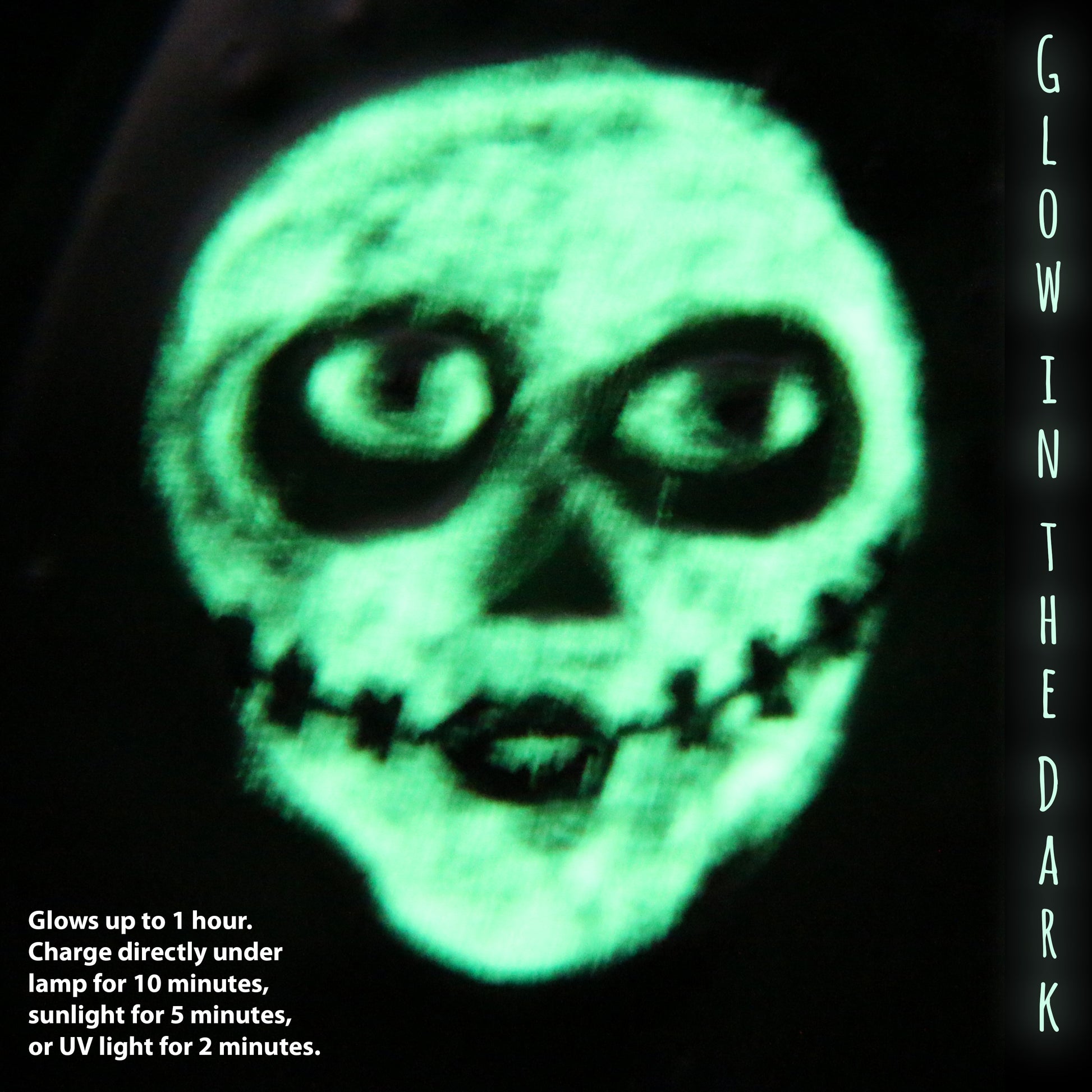 A skull with stitches up the sides of the mouth glows eerily green in the darkness. Glows up to 1 hour. Charge directly under: a lamp for 10 minutes, sunlight for 5 minutes, or UV light for 2 minutes.