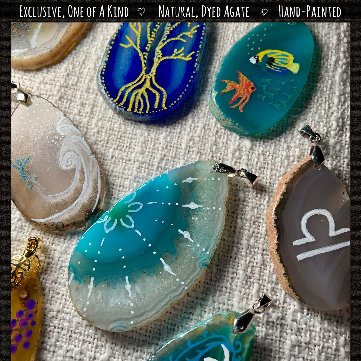 Exclusive. One of a kind. Natural, dyed agate. Hand-Painted.