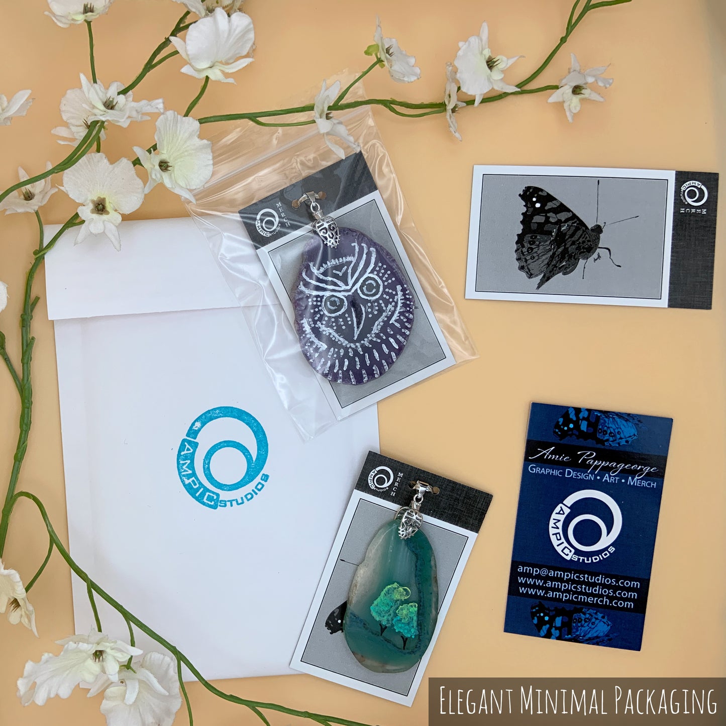 Simple, elegant packaging. Agate slices are attached to a card with a twist tie, and placed in a baggie. An environmentally friendly Kraft paper bubble mailer has a blue logo stamped on the back of it.