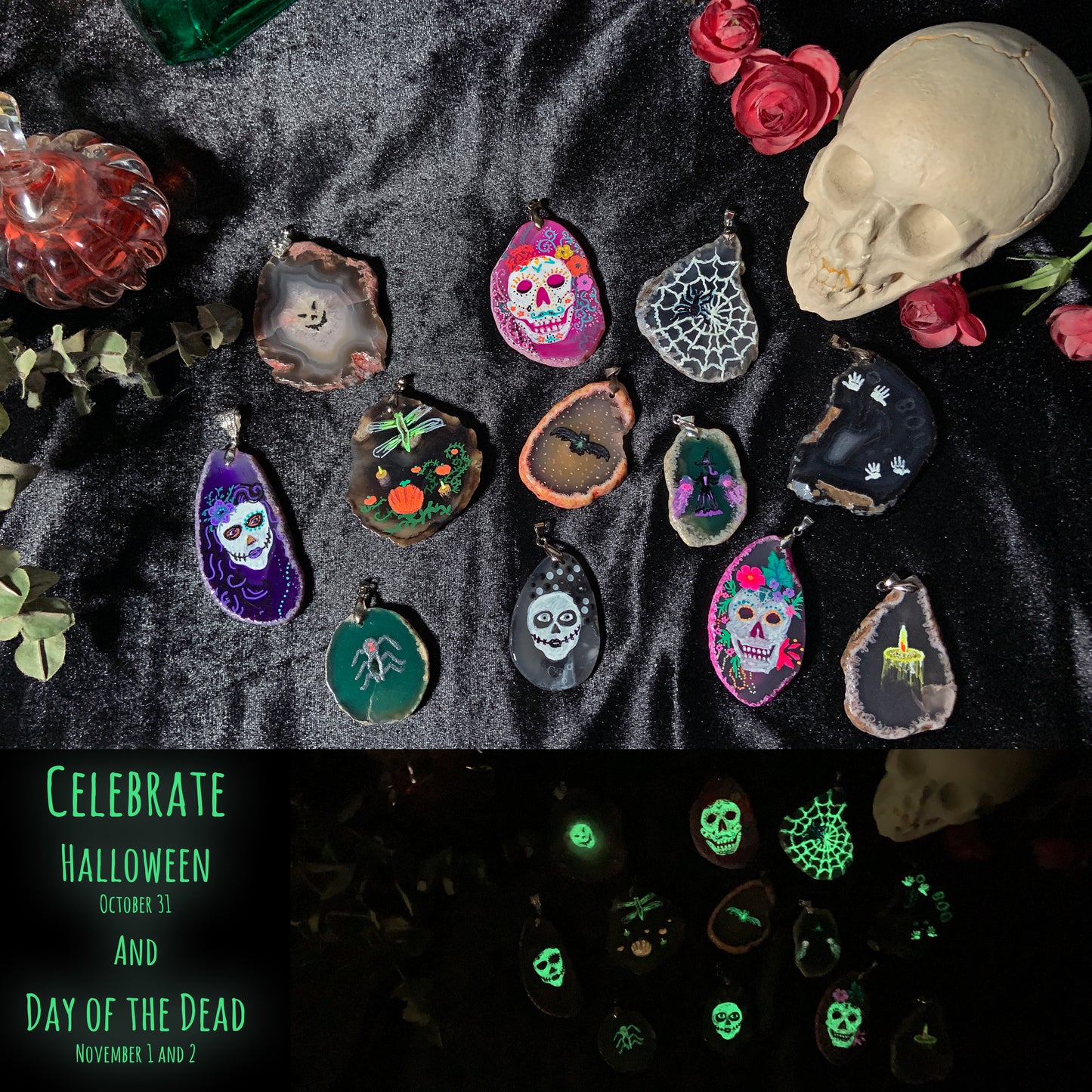 12 agate slices are painted with spooky themes and spread over black velvet. A ceramic skull, glass bottles and pumpkins surround them.