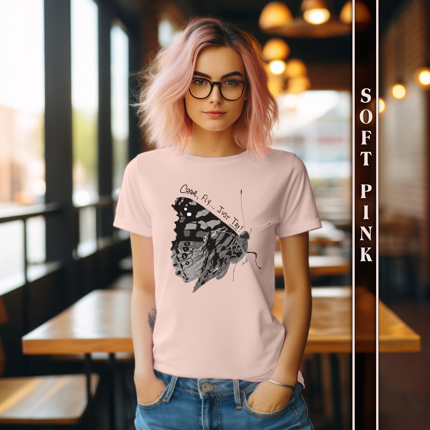 Crawl, Fly...Just Try Butterfly, Unisex Jersey Short Sleeve Tee, U.S. Unisex Sizes XS-5XL, Butterfly T-Shirt, Insect Themed Clothing