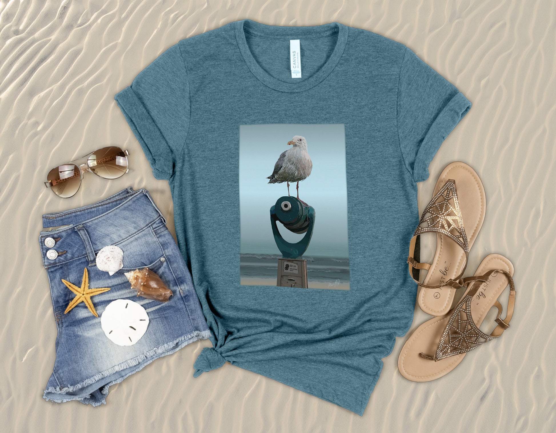 Heather Deep Teal Tee styled with strappy gold sandals, cut off jean shorts, and brown tinted sunglasses