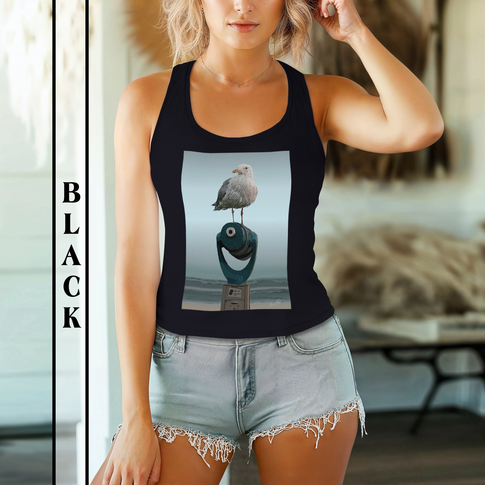 Black Racerback Tank with a Seagull Standing on a Telescope at the Beach