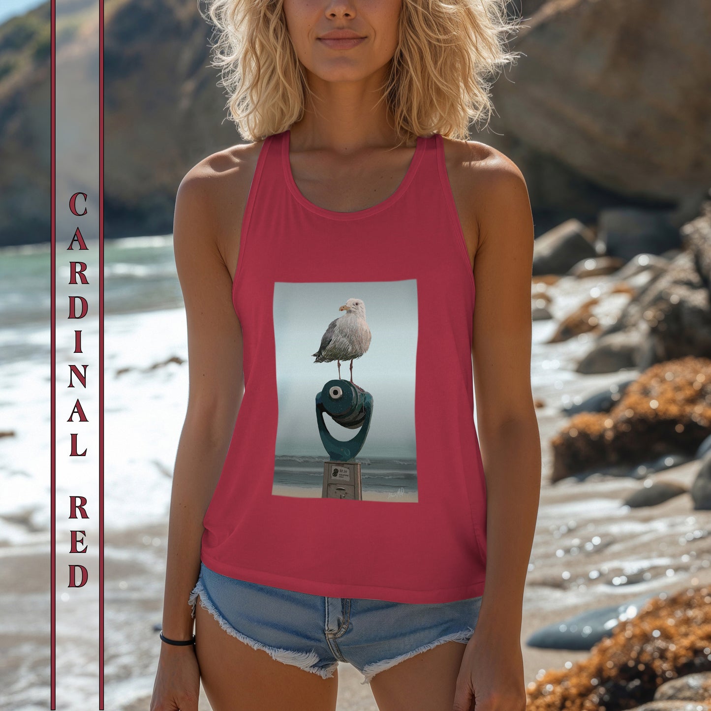 Cardinal Red Racerback Tank with a Seagull Standing on a Telescope at the Beach