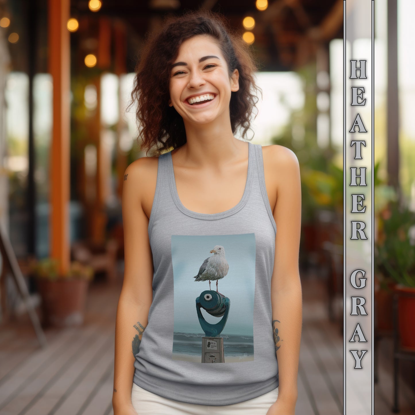 Heather Gray Racerback Tank with a Seagull Standing on a Telescope at the Beach