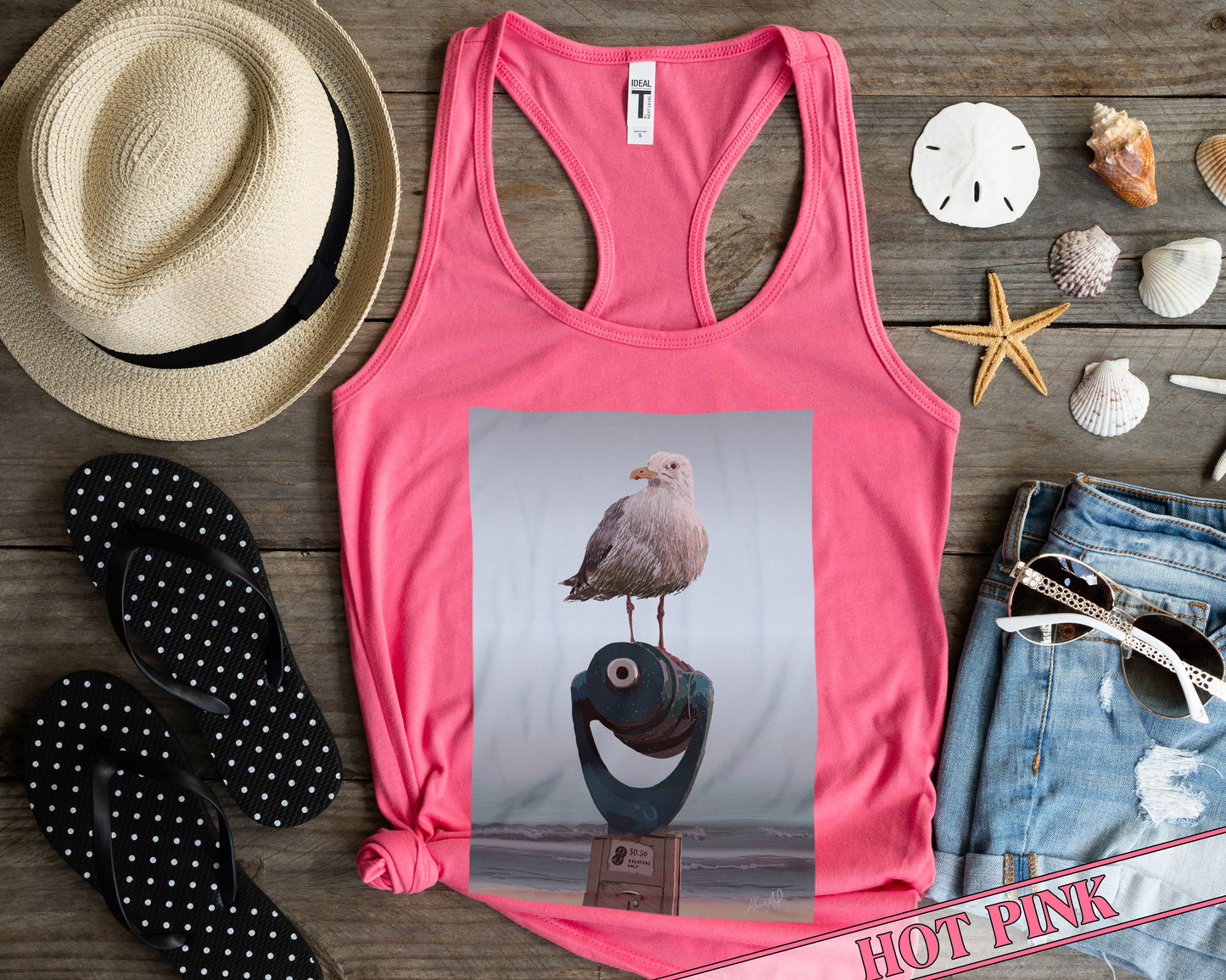 Hot Pink Racerback Tank with a Seagull Standing on a Telescope at the Beach