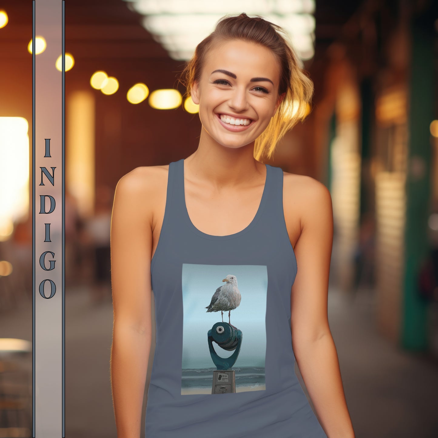 Indigo Racerback Tank with a Seagull Standing on a Telescope at the Beach