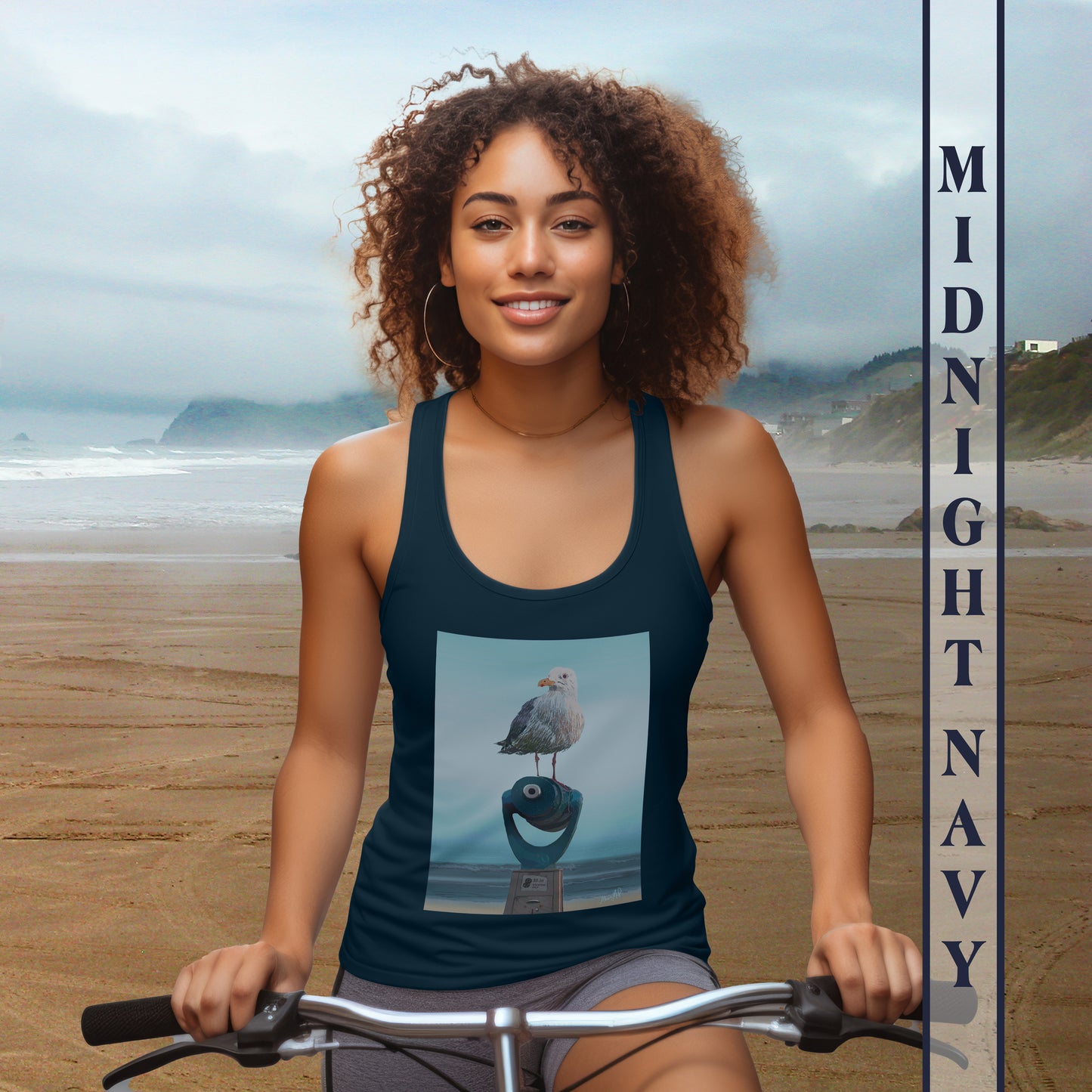 Midnight Navy Racerback Tank with a Seagull Standing on a Telescope at the Beach