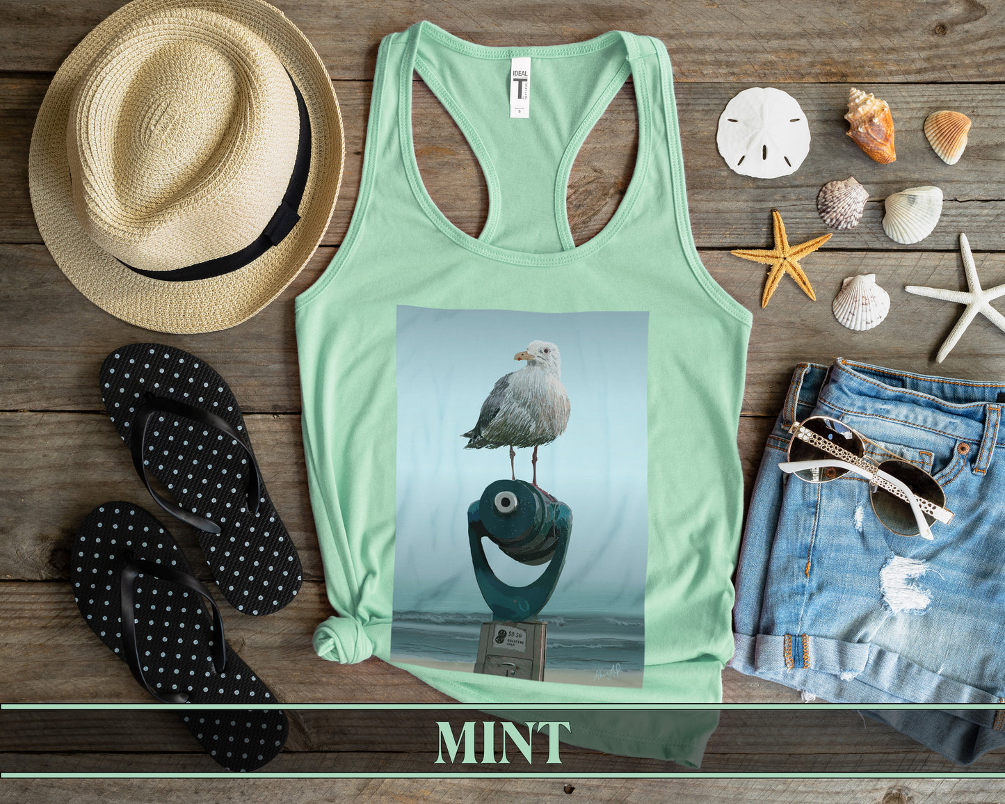 Mint Racerback Tank with a Seagull Standing on a Telescope at the Beach