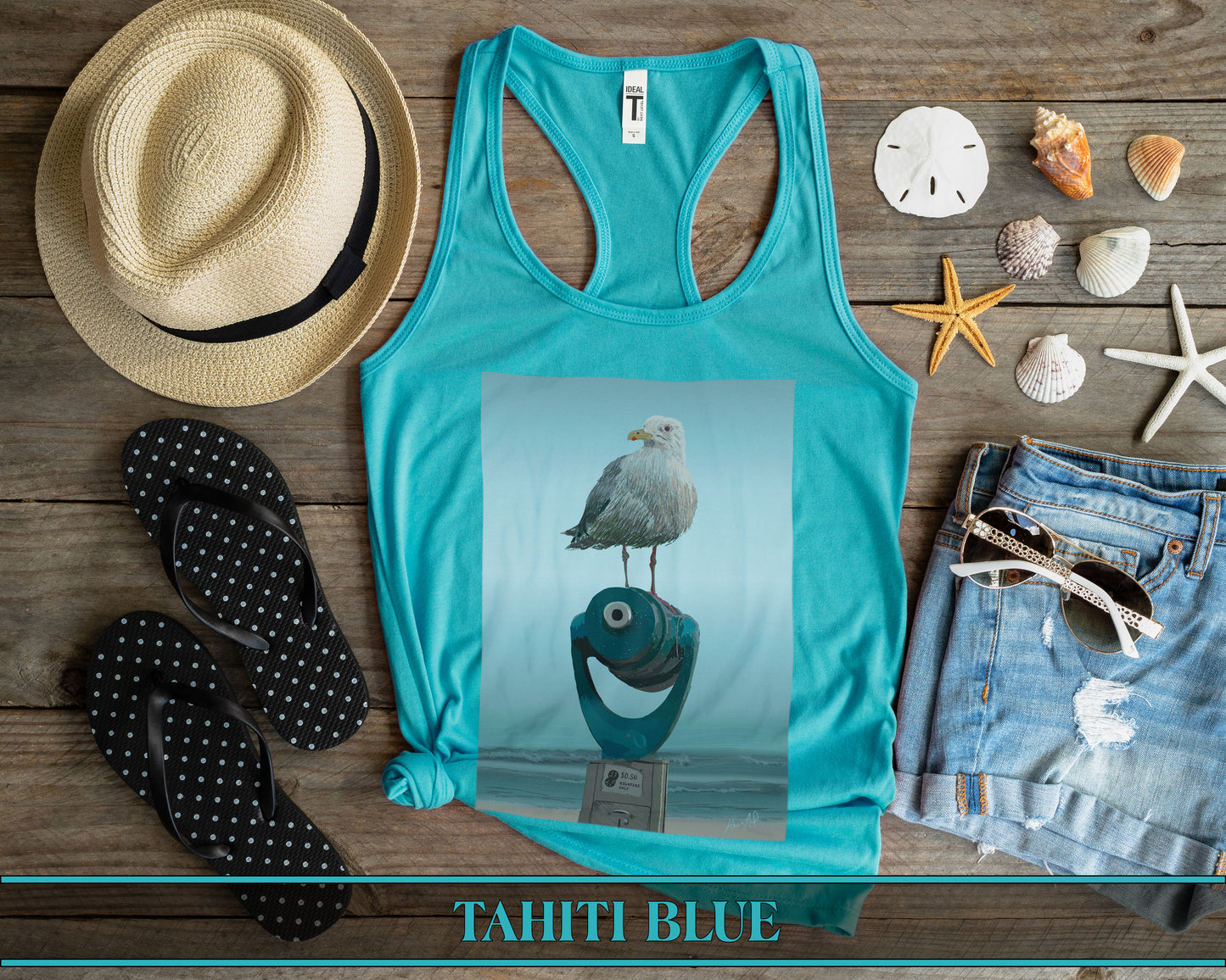 Tahiti Blue Racerback Tank with a Seagull Standing on a Telescope at the Beach