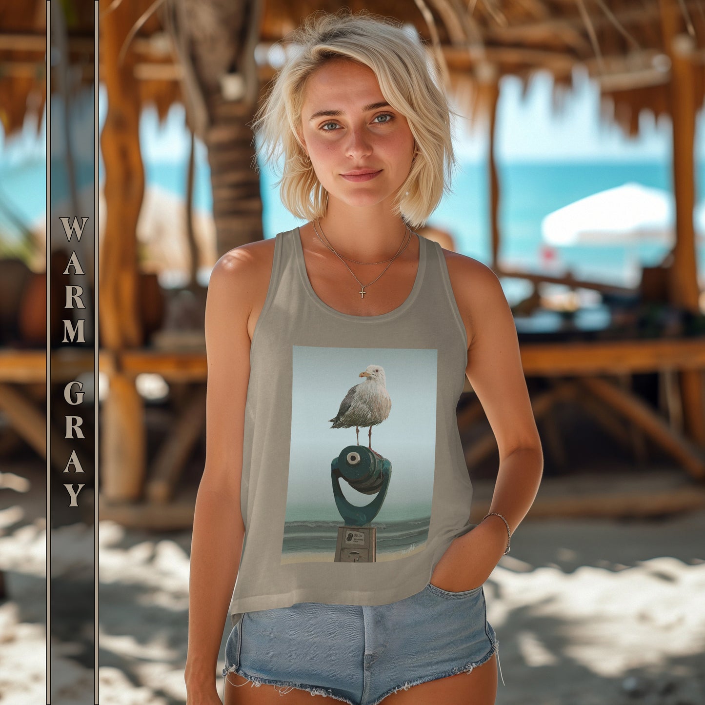 Warm Gray Racerback Tank with a Seagull Standing on a Telescope at the Beach